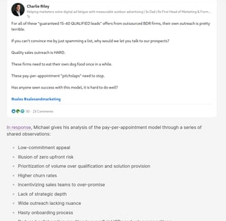 Screenshot of a LinkedIn post and Michael's response in the article, B2B Appointment Setting Costs &