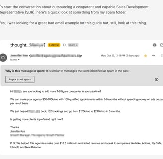 Screenshot of a cold email embedded in the article, A guide to SDR outsourcing: 21 exploratory quest