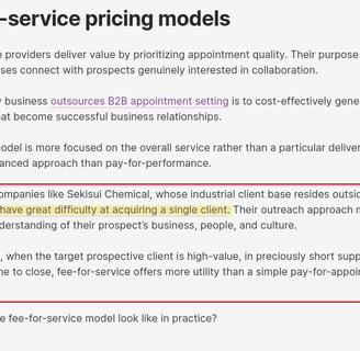 Screenshot of a Belkins case study reference and link in the article, *B2B Appointment Setting Costs