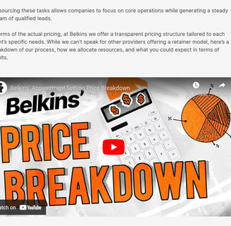 Screenshot of YouTube video embedded in the article, B2B Appointment Setting Costs & Pricing Models 