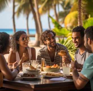 visitors enjoying their Indian-Mauritian food in an outdoor, beachside restaurant