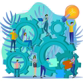 a group of people working on a large group of people