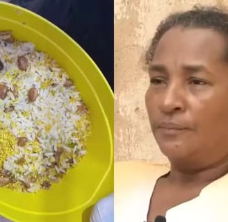 a woman holding a large yellow bowl filled with rice