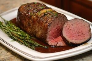 a large piece of meat roasting beef roasting in a pan