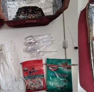 a person holding a bag of food and a bag of food