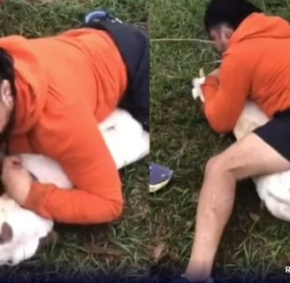 a man is laying on the ground with his dog