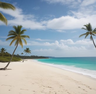 A beautiful white sand beach with lush greenery and palm trees. in Barbados