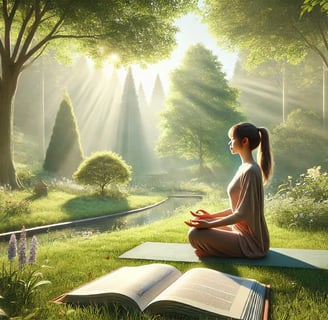 A person reading a calming book with a peaceful backdrop.