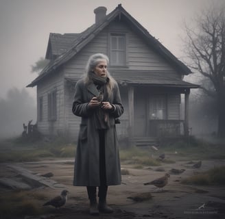 a woman in a coat and scarf standing in front of a house