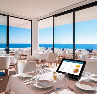 Una imagen de un moderno restaurante en la Costa Brava, con elementos digitales en pantalla (por eje