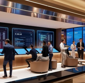 Restaurante moderno con tecnología digital integrada, demostrando la convergencia de IA, automatizac