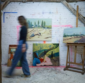 Fruzsina Bognar walking through her paintings in the studio