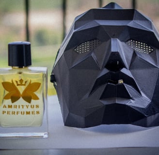 a mask mask and a perfume bottle on a table