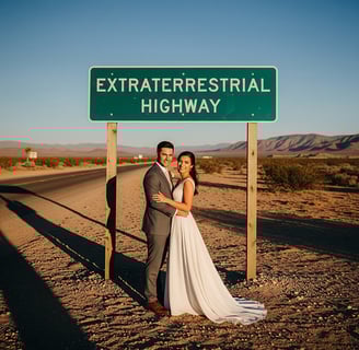 a bride and groom standing in front of a sign that says extraterrestial
