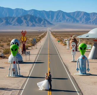 a man and a woman are standing in front of alien - like alien - like