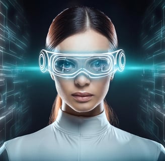 a woman in a futuristic suit with a futuristic eyepiece