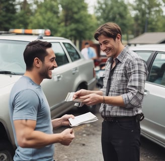 A smiling car seller getting cash from a tow truck driver with an old car in the background.