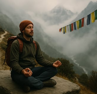 Trekker meditating quietly on a Himalayan trail surrounded by prayer flags and mist.