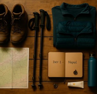 Laid-out beginner trekking gear including boots, layers, and journal ready for Day 1 in Nepal.