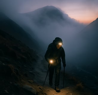 Trekker descending in early morning fog to treat altitude sickness.