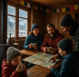 Family shares tea and warmth inside a Himalayan lodge on a trek.