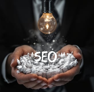 Imagen creativa con una bombilla y la palabra SEO