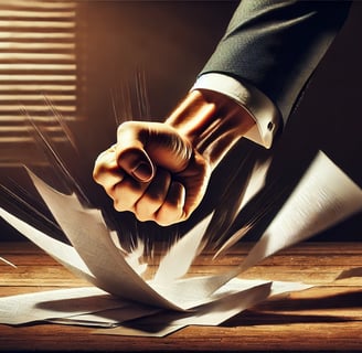 Mano firme golpeando una mesa mientras deja caer un documento de nombramiento de perito, simbolizando decisión y autoridad fr