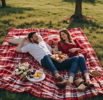 A picnic setting on a red blanket featuring a variety of items including a watermelon, a zucchini, an eggplant, a plate of green and purple grapes, a bottle of wine, a wine glass, and a baguette in a paper bag. The red blanket is adorned with floral patterns.
