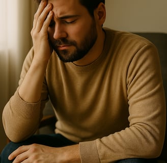 Adulto joven, profesionista sentado y abrumado por todo el estrés que le causa su situación actual