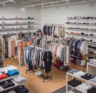 Modern clothing store interior with organized racks of casual and formal wear, neatly folded apparel.