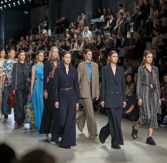 A photo of a large fashion show event with a runway. There are multiple models wearing various stylish outfits,