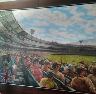 A colorful artwork showing a lively crowd at a baseball game held at the Melbourne Cricket Ground.