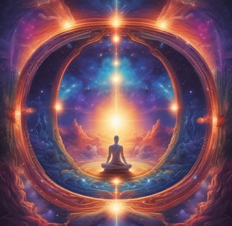 A surreal artwork featuring a figure reminiscent of an alien with large eyes and smooth skin, flanked by an androgynous human figure with curly hair. Both figures appear to be holding crosses, creating a mystical and otherworldly scene.