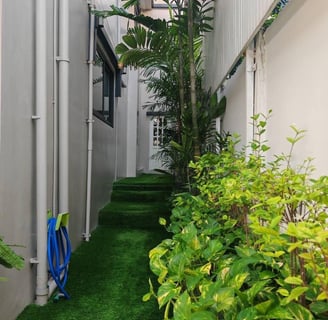 walkway with a green lawn and a hose leading to the beautiful home