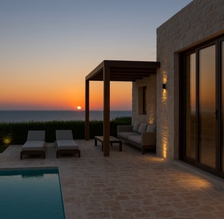 a patio with a pool and lounge chairs