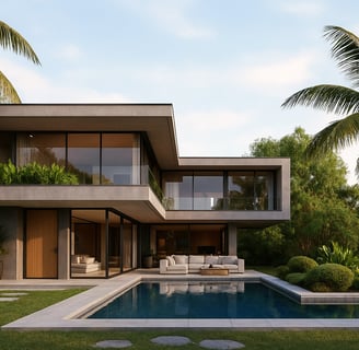 a house with a pool and palm trees