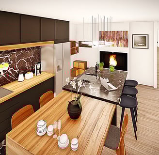 Modélisation 3D d’une cuisine contemporaine avec îlot central, mobilier intégré et éclairage naturel.
