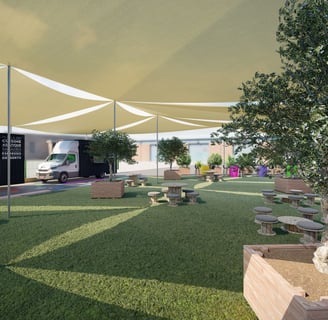 Projet 3D d’un espace public structuré autour de food trucks, zones de convivialité et mobilier urbain.
