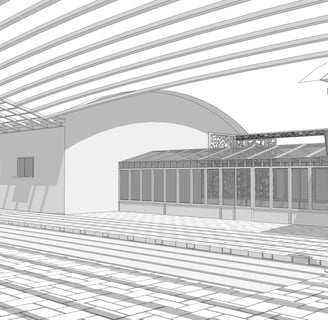 Projet global de revitalisation d’un centre rural avec bâtiments culturels, agora extérieure et pôle d’activités locales.