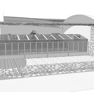 Projet global de revitalisation d’un centre rural avec bâtiments culturels, agora extérieure et pôle d’activités locales.