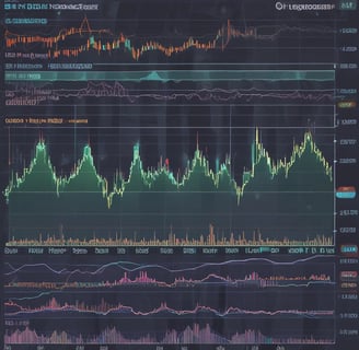 A digital financial chart with green and red zigzag lines on a dark background, representing market trends. Below the main graph, there are smaller charts featuring bar indicators in red and blue, along with a yellow line graph.