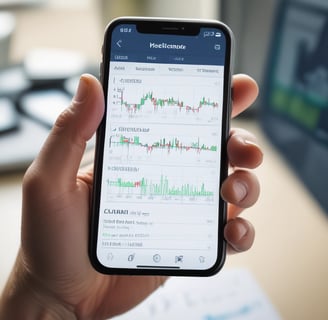 A hand holding a smartphone displaying a financial website, with information including market watch and stocks data visible on the screen. The background is a textured wooden surface.