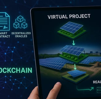 Close-up of a hand holding a tablet with a blockchain interface and virtual project elements display