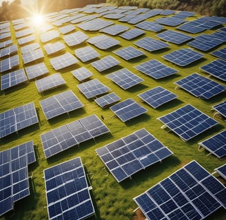Aerial view of a solar farm, showcasing a large array of solar panels absorbing sunlight