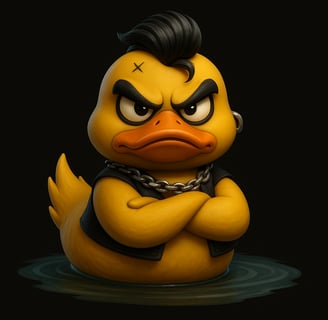 A bad ass duck, a rubber ducky with a black shirt and a bandanna