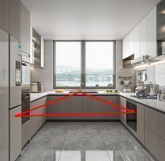 a kitchen with a red triangle shaped triangle shaped kitchen