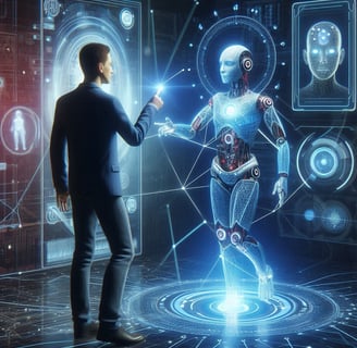 Pessoa interagindo com um avatar num ambiente virtual, mostrando um relacionamento com inteligência 
