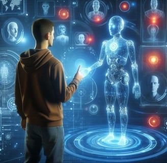 Pessoa interagindo com um avatar num ambiente virtual, mostrando um relacionamento com inteligência artificial.