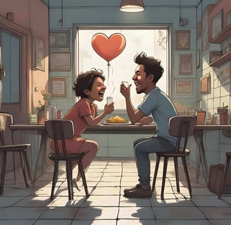 A couple sits at a table, smiling, with a heart-shaped balloon, symbolizing their new relationship after divorce.