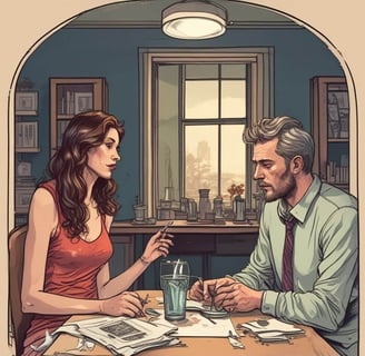A couple sits at a table with documents, reflecting on their communication challenges in their relationship.